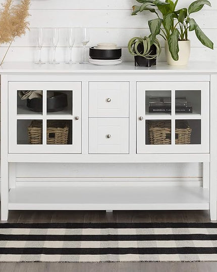 Walker Edison Charlotte Classic Glass Door Storage Buffet, 52 Inch, White - LeafyLoom