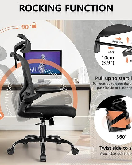 FelixKing Office Chair with Headrest, Ergonomic Desk Chair with Wheels, Task Swivel Comfy Chair with Adjustable Lumbar Support, Breathable Mesh Computer Chair with flip-up Armrests (Black) - LeafyLoom
