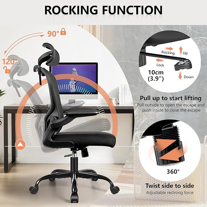 FelixKing Office Chair with Headrest, Ergonomic Desk Chair with Wheels, Task Swivel Comfy Chair with Adjustable Lumbar Support, Breathable Mesh Computer Chair with flip-up Armrests (Black) - LeafyLoom