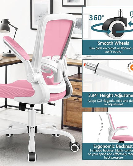 MINLOVE Office Chair Ergonomic Desk Chair with Adjustable Lumbar Support and Height, 90° Flip-up Armrests, Ergo Desk Chairs with Wheels, Home Work Use (Pink) - LeafyLoom