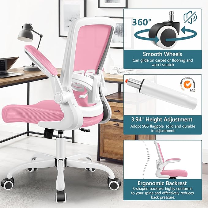 MINLOVE Office Chair Ergonomic Desk Chair with Adjustable Lumbar Support and Height, 90° Flip-up Armrests, Ergo Desk Chairs with Wheels, Home Work Use (Pink) - LeafyLoom