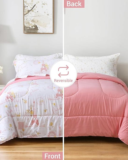 Printed Queen Bedding Sets with Comforter and Sheets, 7 Piece Bed in A Bag Comforter Set with Fluffy Microfiber, Romantic Paris City Floral Pink Retro Eiffel Tower Pattern - LeafyLoom