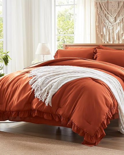 Anluoer Full Comforter Set 7 Piece, Burnt Orange Bed in a Bag with Sheets, All Season Ruffle Shabby Chic Bedding Sets with 1 Comforter, 2 Pillow Shams, 2 Pillowcases, 1 Flat Sheet, 1 Fitted Sheet - LeafyLoom