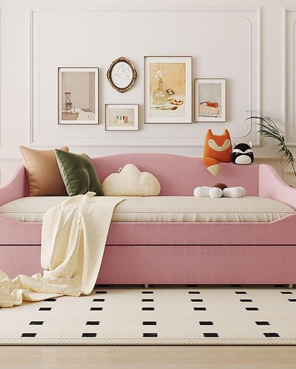 Full Size Upholstered Daybed with Trundle and LED Light, Teddy Fleece Sofabed, Day Bed Frame w/Wood Slats, for Bedroom Living Room, Pink - LeafyLoom