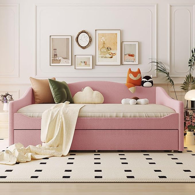 Full Size Upholstered Daybed with Trundle and LED Light, Teddy Fleece Sofabed, Day Bed Frame w/Wood Slats, for Bedroom Living Room, Pink - LeafyLoom