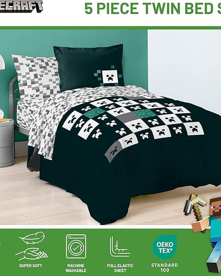 Minecraft Creeper Twin Comforter Set - 5 Piece Gamer Bedding includes Sheet Set & Pillow Covers - Super Soft Checkered Kids Bedding - LeafyLoom