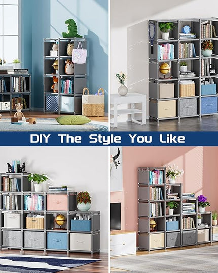 Mavivegue Bookshelf,15 Cube Storage Organizer,Book Shelf Organizer,Tall Bookcase Shelf,Book Cases/Shelves,Grey Cube Shelf,Cubbies Closet Storage Organizer Shelves for Bedroom,Living Room,Home,Office - LeafyLoom