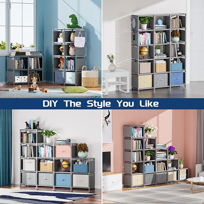 Mavivegue Bookshelf,15 Cube Storage Organizer,Book Shelf Organizer,Tall Bookcase Shelf,Book Cases/Shelves,Grey Cube Shelf,Cubbies Closet Storage Organizer Shelves for Bedroom,Living Room,Home,Office - LeafyLoom