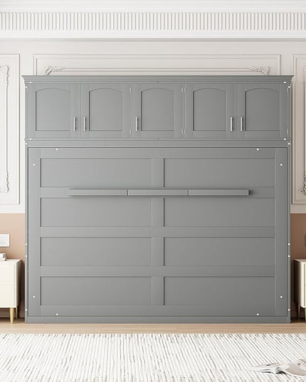 Merax Modern Farmhouse Solid Wood Murphy Cabinet Bed with Top Cabinets, Tall Wall Platform Bed No Box Spring Needed/Easy Assemble Queen,Gray - LeafyLoom