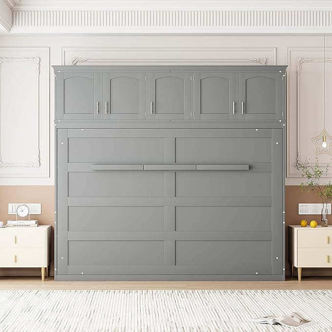 Merax Modern Farmhouse Solid Wood Murphy Cabinet Bed with Top Cabinets, Tall Wall Platform Bed No Box Spring Needed/Easy Assemble Queen,Gray - LeafyLoom