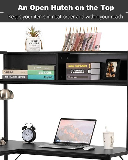 Becko US L Shaped Desk with Hutch, 56 Inch Corner Computer Desk, Home Office Writing Desk with Storage Shelves, Space Saving (Black) - LeafyLoom
