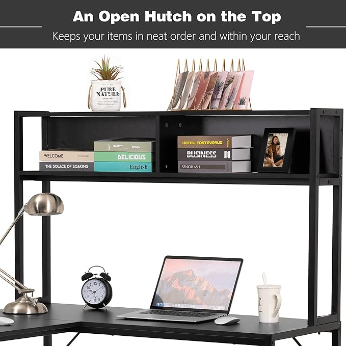 Becko US L Shaped Desk with Hutch, 56 Inch Corner Computer Desk, Home Office Writing Desk with Storage Shelves, Space Saving (Black) - LeafyLoom