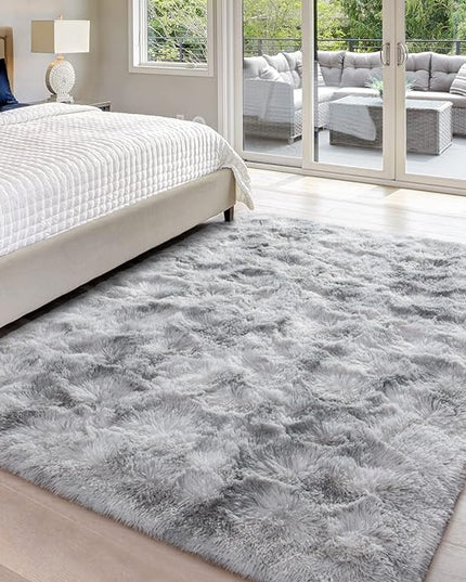 4x6 Large Area Rugs for Living Room, Super Soft Fluffy Modern Bedroom Rug, Tie-Dyed Light Grey Indoor Shag Fuzzy Carpets for Girls Kids Nursery Room Home Decor - LeafyLoom