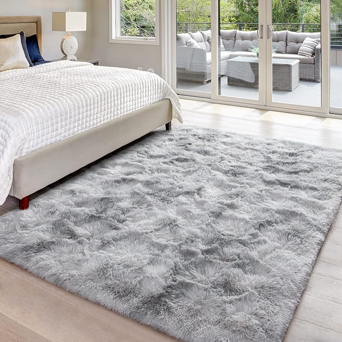 4x6 Large Area Rugs for Living Room, Super Soft Fluffy Modern Bedroom Rug, Tie-Dyed Light Grey Indoor Shag Fuzzy Carpets for Girls Kids Nursery Room Home Decor - LeafyLoom