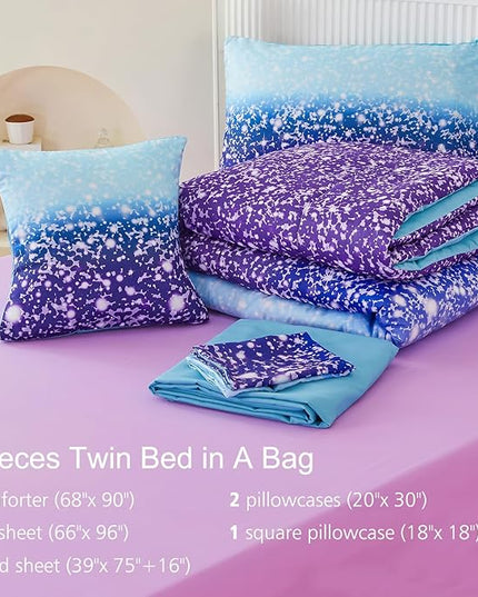 PERFEMET Blue Purple Girls Twin Comforter Set with Sheets, 6Pcs Glitter Tie Dye Rainbow Kids Girls Bedding Sets, Sparkle Gradient Ombre Bed in A Bag for Bedroom Decor - LeafyLoom
