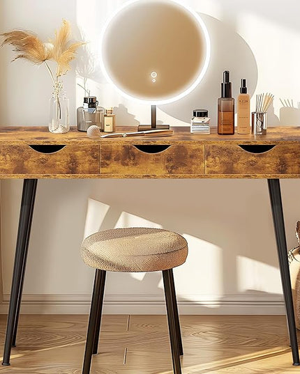 sogesfurniture Mid Century Writing Computer Desk with 3 Drawers, Makeup Vanity Table, 43.3'' Writing Study Desk for Home Office, Dressing Table, Rustic Brown - LeafyLoom
