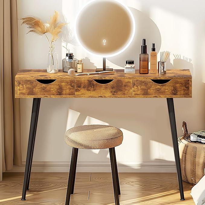 sogesfurniture Mid Century Writing Computer Desk with 3 Drawers, Makeup Vanity Table, 43.3'' Writing Study Desk for Home Office, Dressing Table, Rustic Brown - LeafyLoom