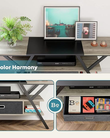 Bestier LED TV Stand for Bedroom TV Entertainment Center 55 inch for TV up to 65 in, Gaming TV Console W/Fabric Drawer Storage for Living Room with LED Lights 20 Modes, Wash Gray - LeafyLoom