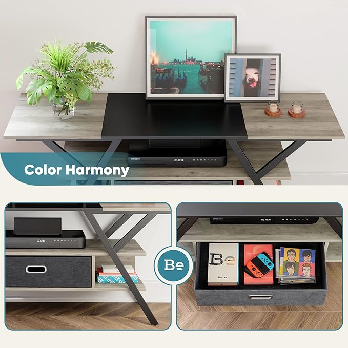 Bestier LED TV Stand for Bedroom TV Entertainment Center 55 inch for TV up to 65 in, Gaming TV Console W/Fabric Drawer Storage for Living Room with LED Lights 20 Modes, Wash Gray - LeafyLoom