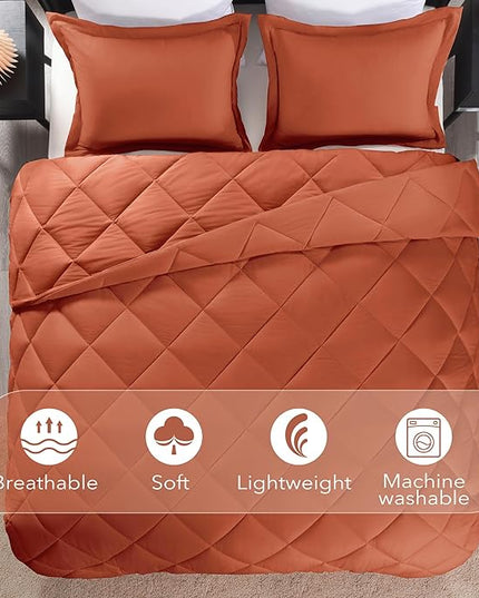 downluxe Queen Comforter Set - Burnt Orange Comforter Set Queen, 3 Pieces Solid Comforter Set Queen Size for All Seasons, 1 Lightweight Fluffy Comforter (88"x92") and 2 Pillow Shams - LeafyLoom