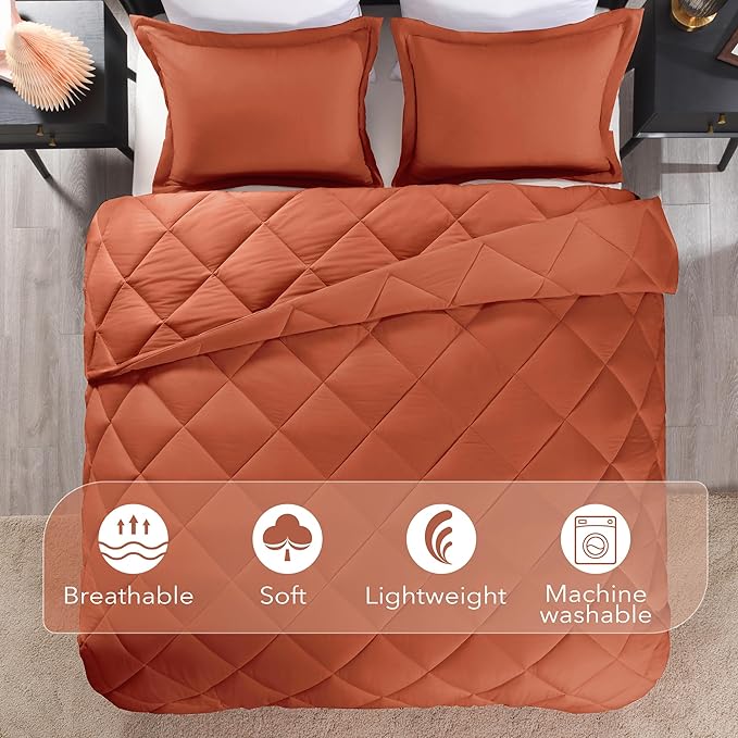 downluxe Queen Comforter Set - Burnt Orange Comforter Set Queen, 3 Pieces Solid Comforter Set Queen Size for All Seasons, 1 Lightweight Fluffy Comforter (88"x92") and 2 Pillow Shams - LeafyLoom