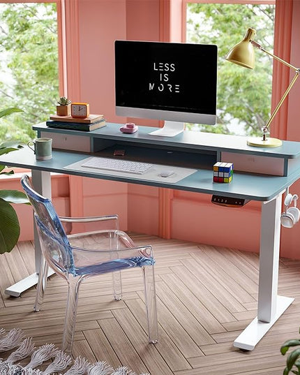 FEZIBO 55 x 24 Inch Height Adjustable Electric Standing Desk with Double Drawer, Stand Up Desk with Storage Shelf, Sit Stand Desk, Blue - LeafyLoom