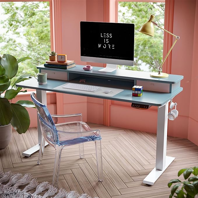 FEZIBO 55 x 24 Inch Height Adjustable Electric Standing Desk with Double Drawer, Stand Up Desk with Storage Shelf, Sit Stand Desk, Blue - LeafyLoom
