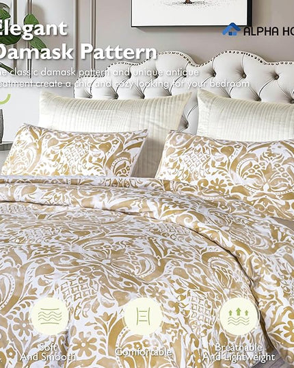 ALPHA HOME Comforter Set Queen Size, All Season Bedding Comforter Set, Comfortable Classic Damask Pattern Comforter Set with Cotton Fabric (1 Comforter, 2 Pillowcases) - LeafyLoom