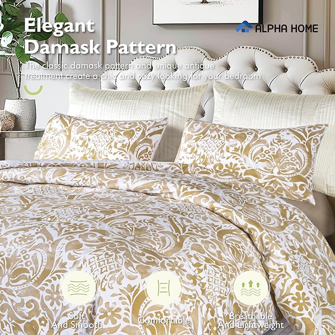 ALPHA HOME Comforter Set King Size, All Season Bedding Comforter Set, Comfortable Classic Damask Pattern Comforter Set with Cotton Fabric (1 Comforter, 2 Pillowcases) - LeafyLoom