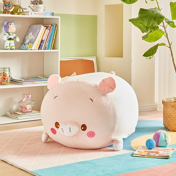 Stuffed Animal Storage Bean Bag Chair Cover for Kids Pink Pig Plush Bean Bag Chair for Girls Large Size Toy Organizer Cover Only Without Filling - LeafyLoom