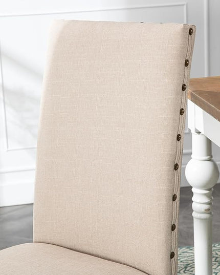 Upholstered Parsons Dining Chair with Nailhead Trim and Sturdy Solid Wood Legs, Set of 2, Cream - LeafyLoom
