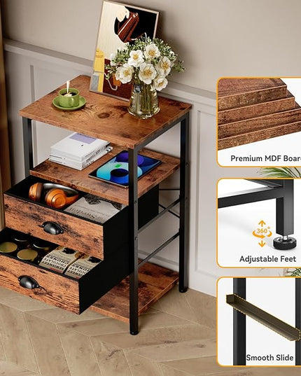 Furologee Nightstand with Charging Station, LED Night Stand with 2 Fabric Drawers, 3-Tier Storage Side Table with USB Ports & Outlets, End Table with Shelves for Lving Room/Bedroom - LeafyLoom