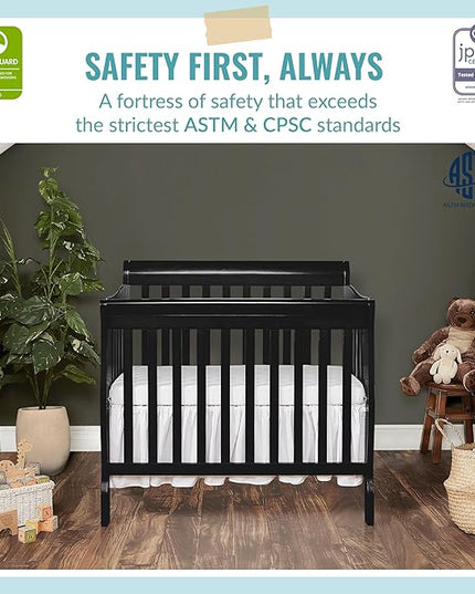 Aden 4-in-1 Convertible Mini Crib In Black, Greenguard Gold Certified, Non-Toxic Finish, New Zealand Pinewood, With 3 Mattress Height Settings - LeafyLoom