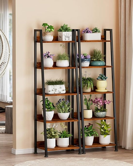 Furologee 5-Tier Ladder Shelf, Ladder Bookshelf with Removable Drawer, Rustic Bookcase Storage Rack Organizer, Wood Metal Freestanding Storage Shelf for Living Room, Home Office, Bedroom, Balcony - LeafyLoom