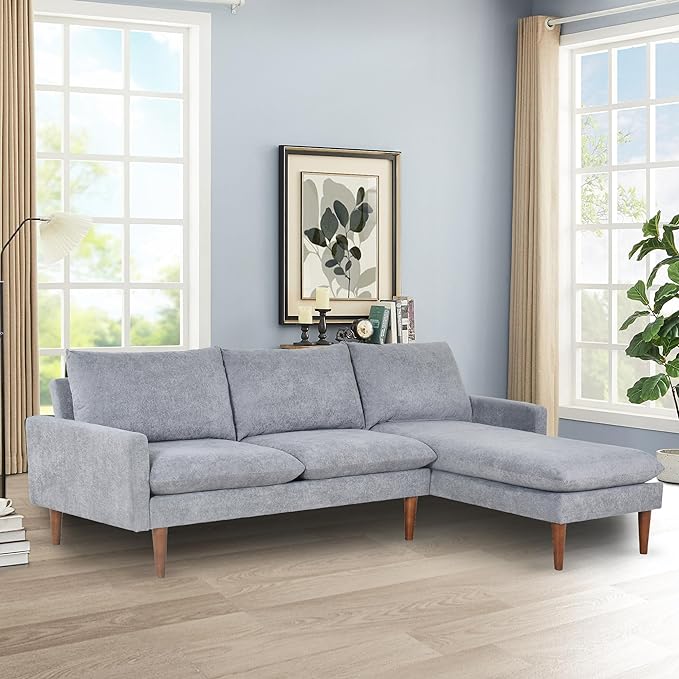 Sectional 86" Velvet Upholstered L-Shaped Sofa with Padded Cashmere,Multi-Functional 3 Seat Convertible Sleeper Couch w/Tapered Wood Legs and Adjustable Backrest,for Living Room,Grey - LeafyLoom