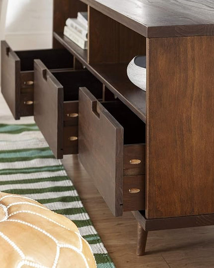 Walker Edison 3-Drawer Mid Century Modern Wood TV Stand for TV's up to 65" Flat Screen Cabinet Door Living Room Storage Entertainment Center, 58 Inch, Walnut - LeafyLoom