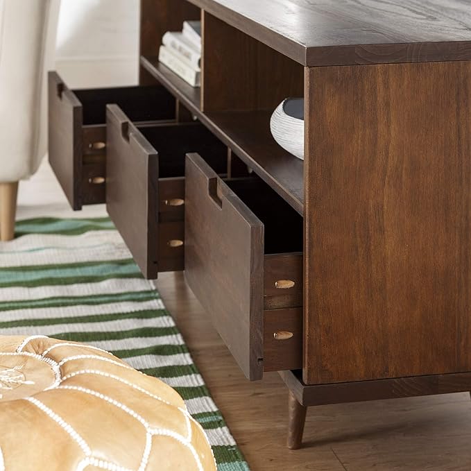 Walker Edison 3-Drawer Mid Century Modern Wood TV Stand for TV's up to 65" Flat Screen Cabinet Door Living Room Storage Entertainment Center, 58 Inch, Walnut - LeafyLoom