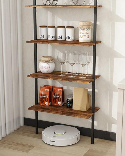 Panana 6 Tier Tall Modern Bookshelf, Industrial Ladder Shelf Open Space Wall Mount Bookshelf with Metal Frame Sturdy Bookcase for Living Room (Brown, 6-Tier) - LeafyLoom