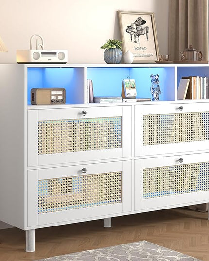 Sideboard Buffet Cabinet, Kitchen Storage Cabinet with Power Outlet & Led Lights, Accent Cabinet with 4 Rattan Doors, White - LeafyLoom