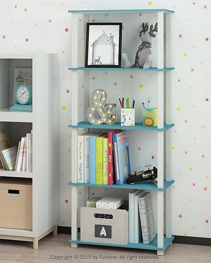 Furinno Turn-N-Tube 5-Tier Multipurpose Shelf / Display Rack / Storage Shelf / Bookshelf, Square Tubes, Light Blue/White - LeafyLoom