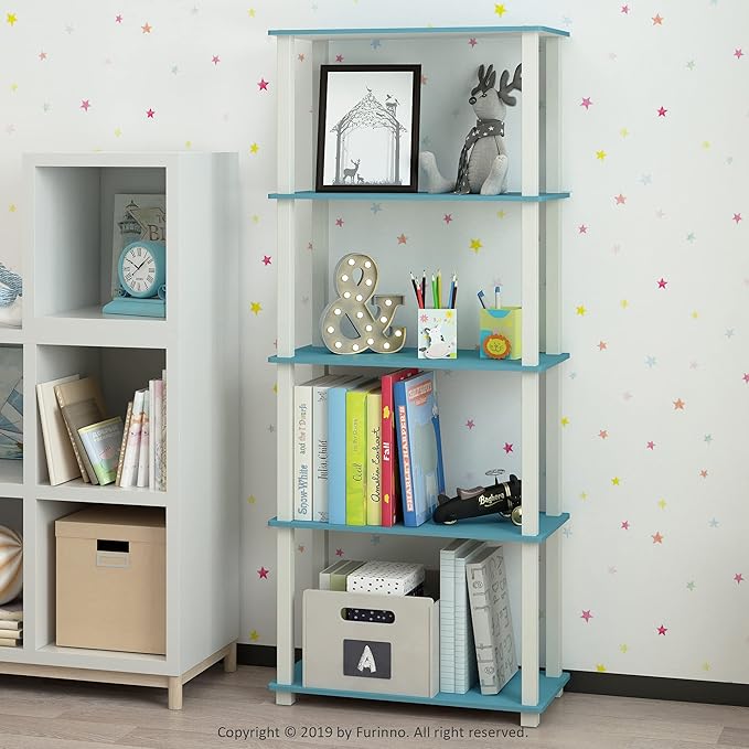 Furinno Turn-N-Tube 5-Tier Multipurpose Shelf / Display Rack / Storage Shelf / Bookshelf, Square Tubes, Light Blue/White - LeafyLoom