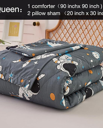 JSD Grey Astronaut Kids Comforter Set for Boys Toddler, 3 Pieces Queen Microfiber Comforter with Pillow Sham, Soft Comfortable Machine Washable - LeafyLoom