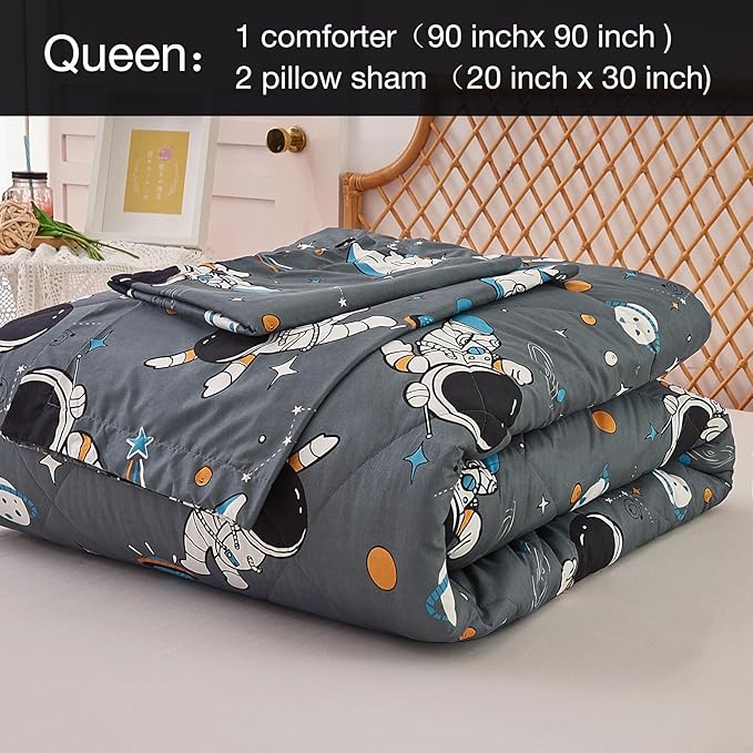 JSD Grey Astronaut Kids Comforter Set for Boys Toddler, 3 Pieces Queen Microfiber Comforter with Pillow Sham, Soft Comfortable Machine Washable - LeafyLoom