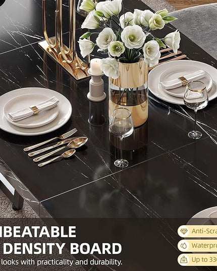 DWVO 82.6'' Large Modern Dining Table for 8-10 People, Rectangular Black Kitchen Dining Room Table with Faux Marble Tabletop and Geometric Metal Legs, Wood Dinner Tables for Family Gathering - LeafyLoom