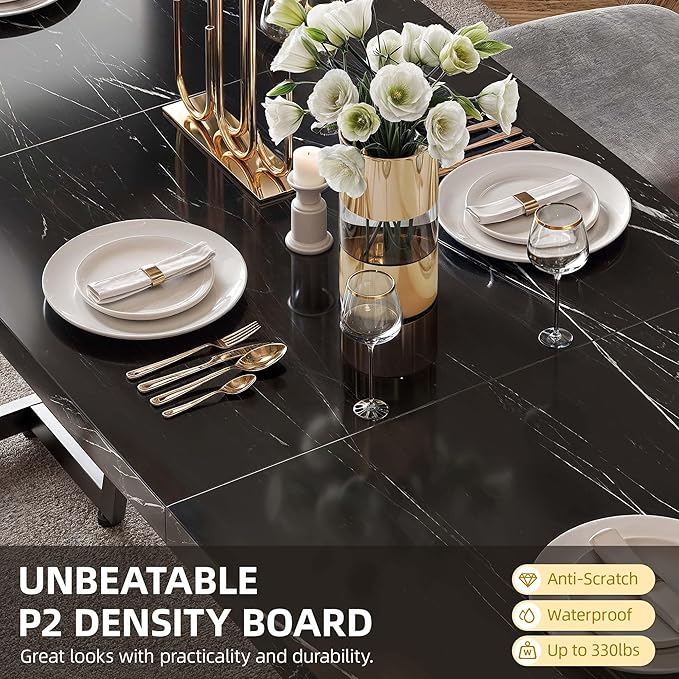 DWVO 82.6'' Large Modern Dining Table for 8-10 People, Rectangular Black Kitchen Dining Room Table with Faux Marble Tabletop and Geometric Metal Legs, Wood Dinner Tables for Family Gathering - LeafyLoom