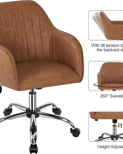 Yaheetech Modern Faux Leather Desk Chair Height Adjustable Task Chair Swivel Office Chair Makeup Chair Computer Chair Mid Back Chair Living Room Chairs with Arms Retro Brown - LeafyLoom