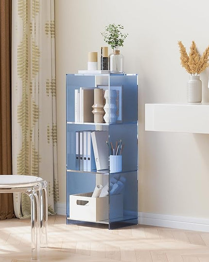 Acrylic Bookcase, 3 Tier Clear Floor Standing Bookshelf, 31.5 inch Tall Display Cube Storage Shelf Home Decor Furniture for Home, Office, Living Room, Bedroom - Transparent Blue - LeafyLoom