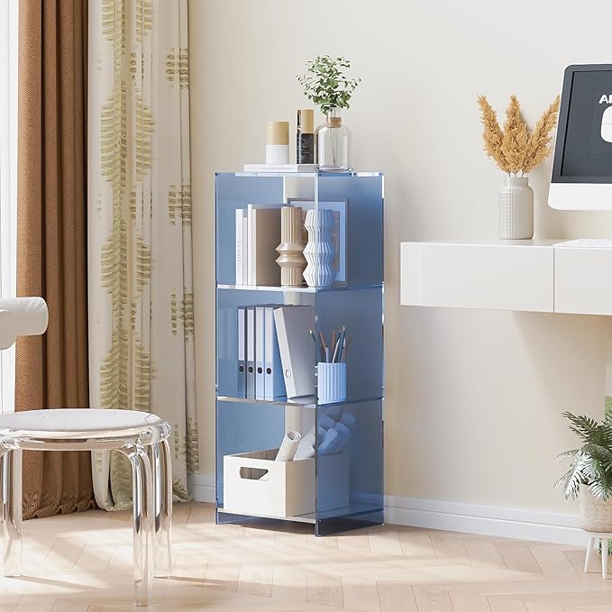 Acrylic Bookcase, 3 Tier Clear Floor Standing Bookshelf, 31.5 inch Tall Display Cube Storage Shelf Home Decor Furniture for Home, Office, Living Room, Bedroom - Transparent Blue - LeafyLoom