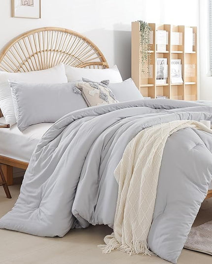 Grey Comforter Queen Size 3PCS Light Grey Comforter with 2 Pillowcases - Ligtweight Soft Solid All Season Queen Comforter Bed Set - Boho Aesthetic Bedding Set for Men and Women - LeafyLoom