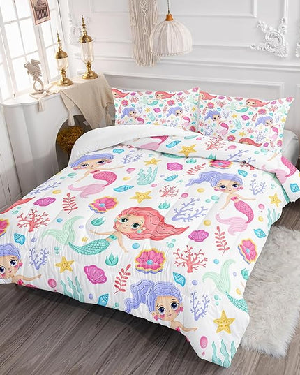 Mermaid Comforter Set Twin Size Fairy Tale Sea Shell Grass Bedding Set Starfish Quilt Bed Set for Kid Girls with 1 Comforter and 2 Pillowcases - LeafyLoom